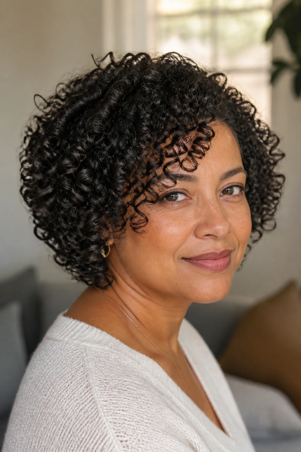 Close-up portrait of a real woman with wash-and-go ringlets in a cozy living room.