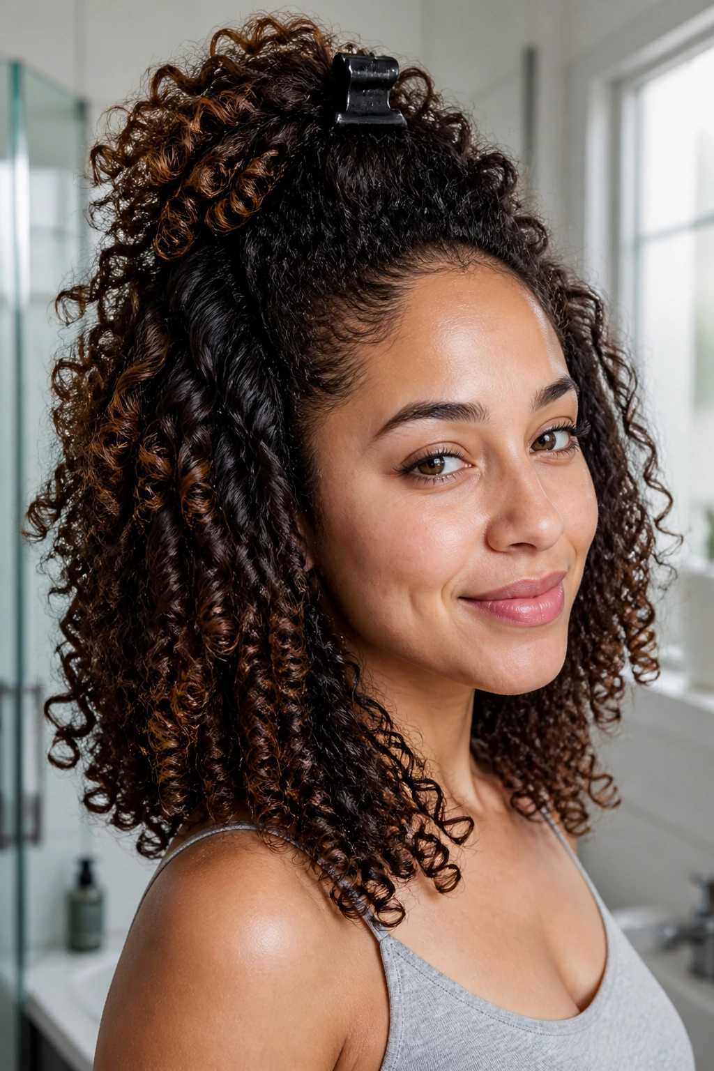 Real woman with diffused wash-and-go and root clipping lifting the crown