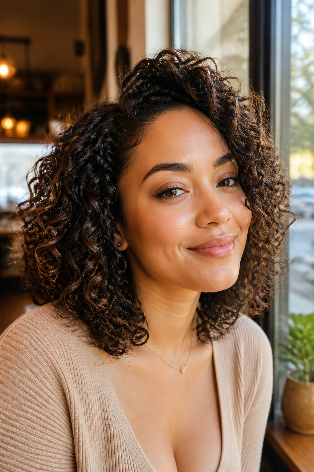 Close-up portrait of a real person with shoulder-length wash-and-go and root lift.