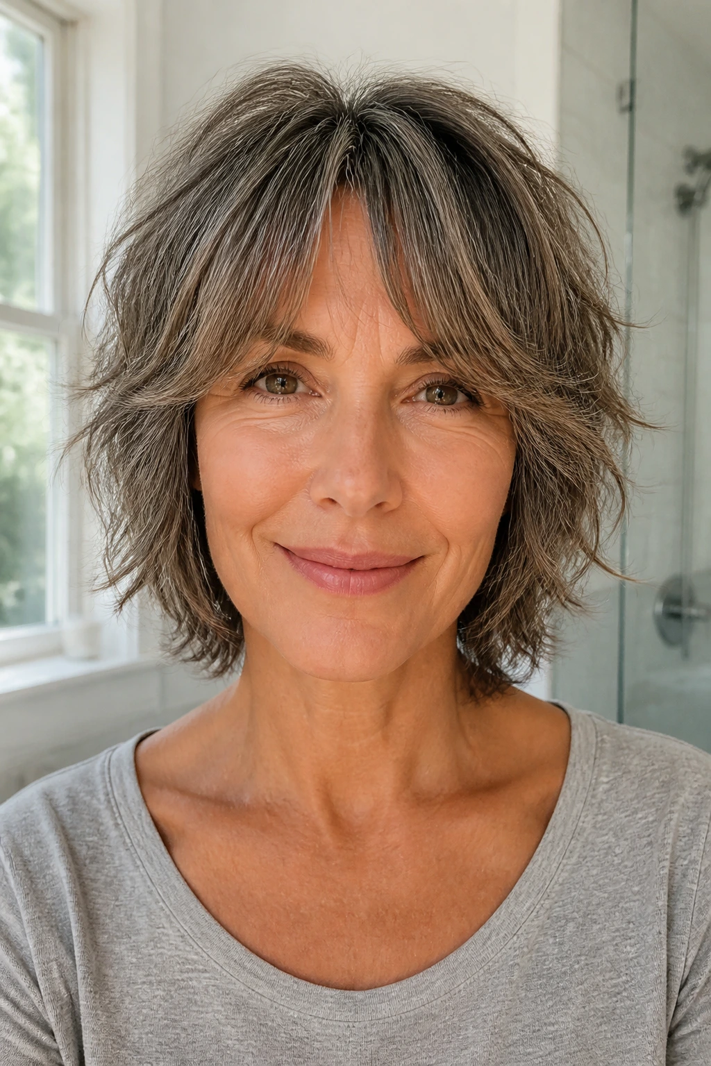 Portrait of woman with wash-and-go shag and curtain bangs.