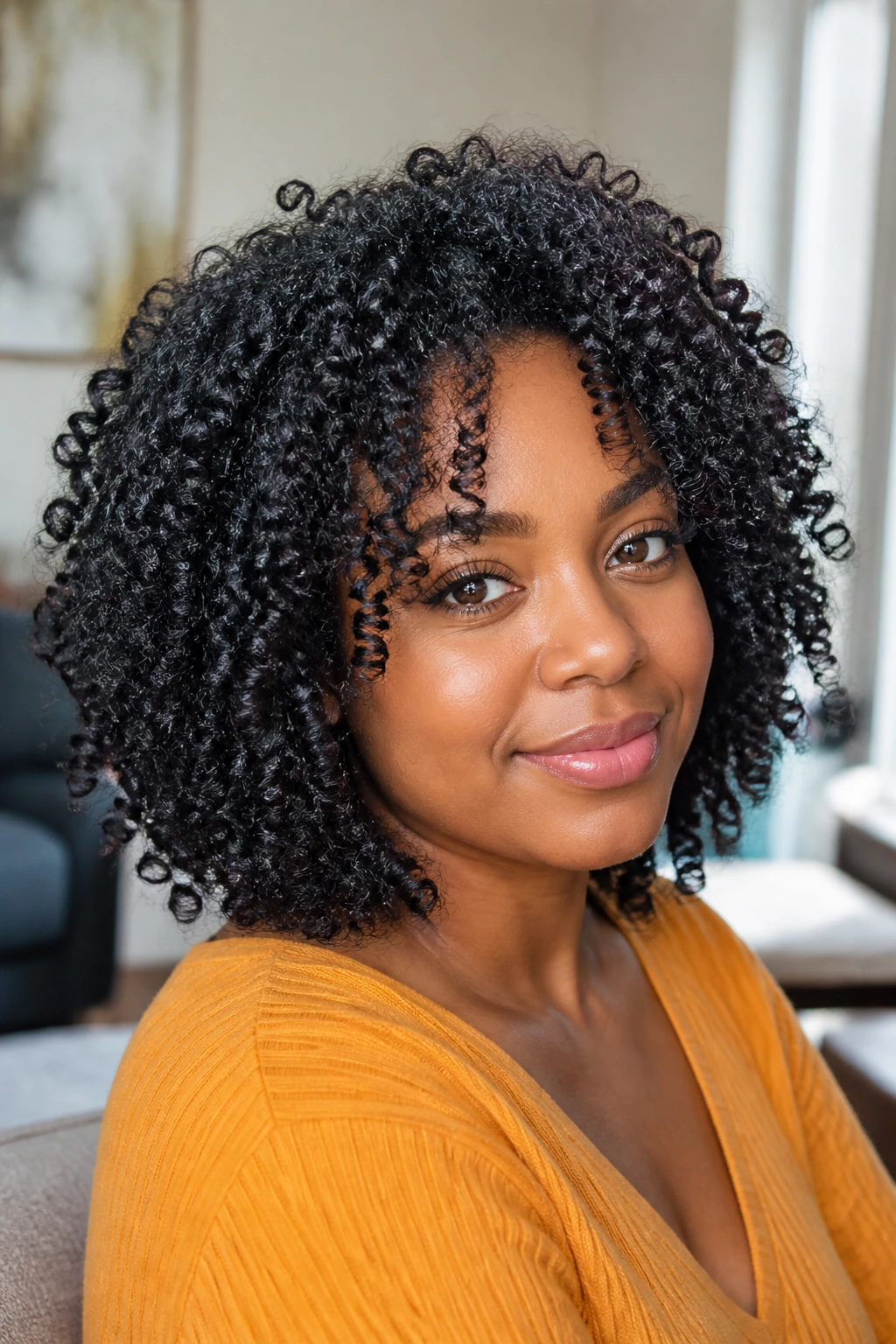 Close-up portrait of a real person with shoulder-length layered curls