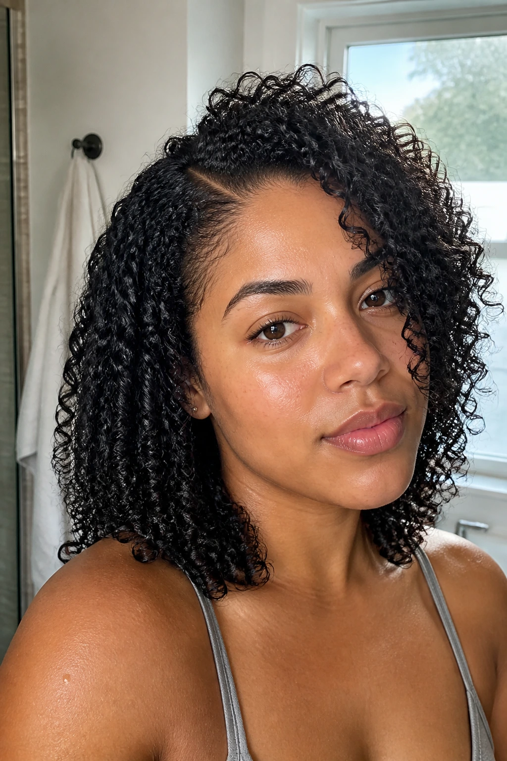 Close-up of a real woman with side-part wash-and-go and crown lift