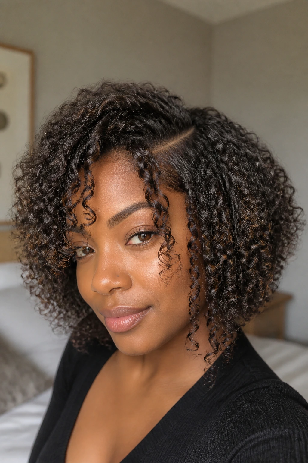 Portrait of a person with wash-and-go curls stretched at roots and face-framing clumps