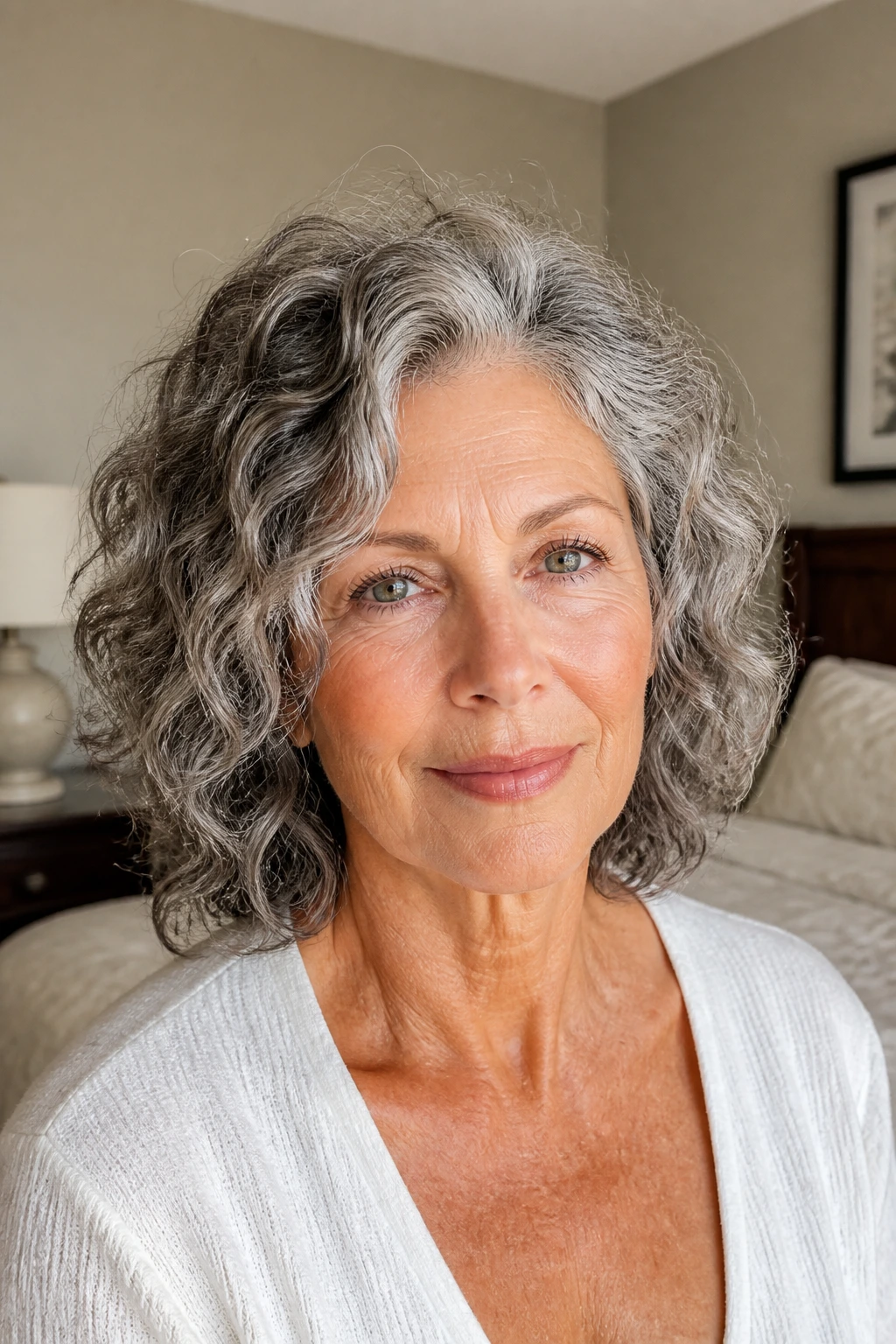 Close-up of a real woman with thick natural waves in an air-dried style