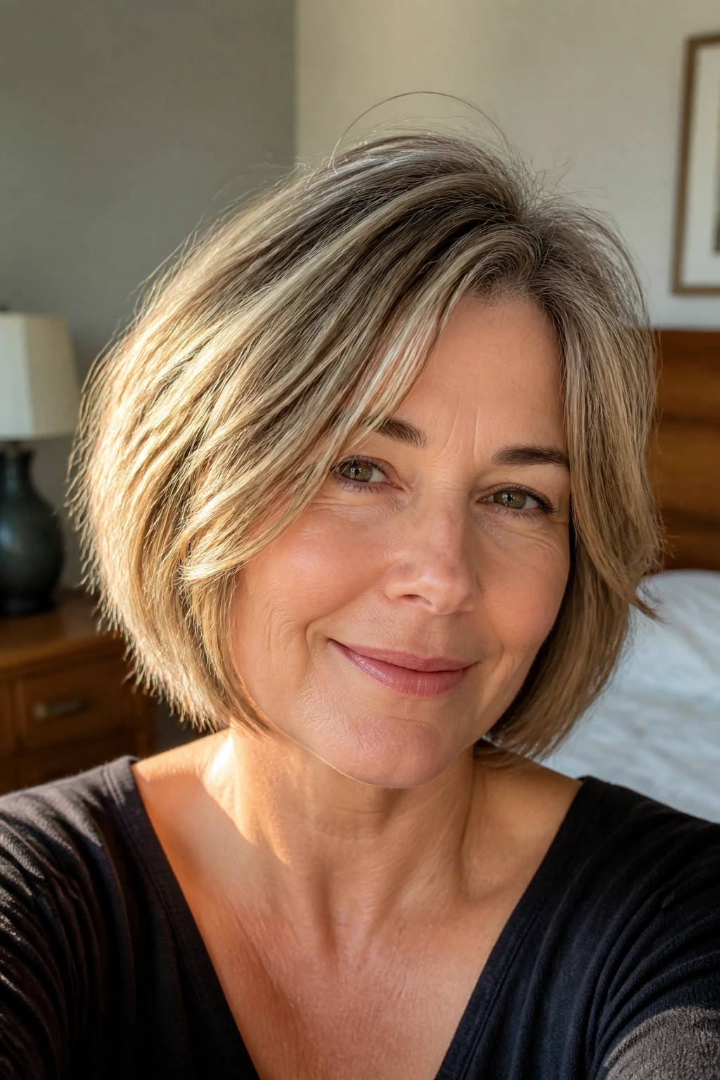 Close-up of a real woman with a layered, wash-and-wear bob in sunlit room.