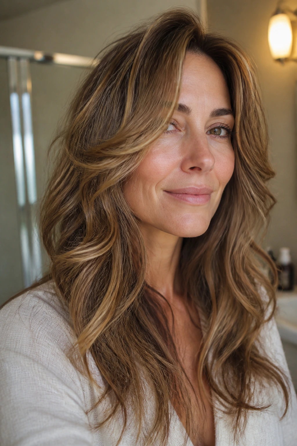 Close-up of a woman with soft wash-and-wear layers and natural air-dried waves