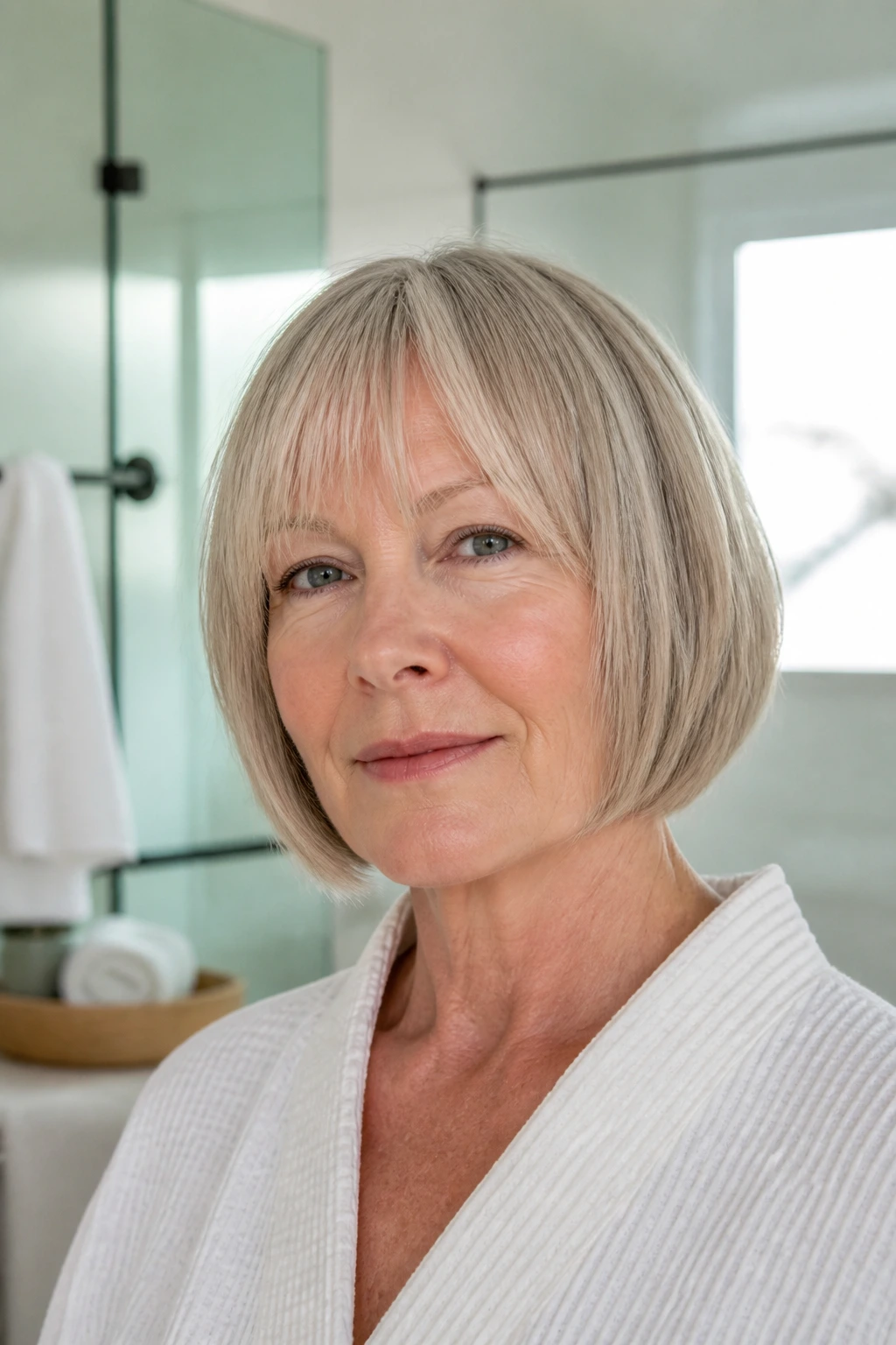 Portrait of a woman with a wash-and-wear pageboy in a bright bathroom
