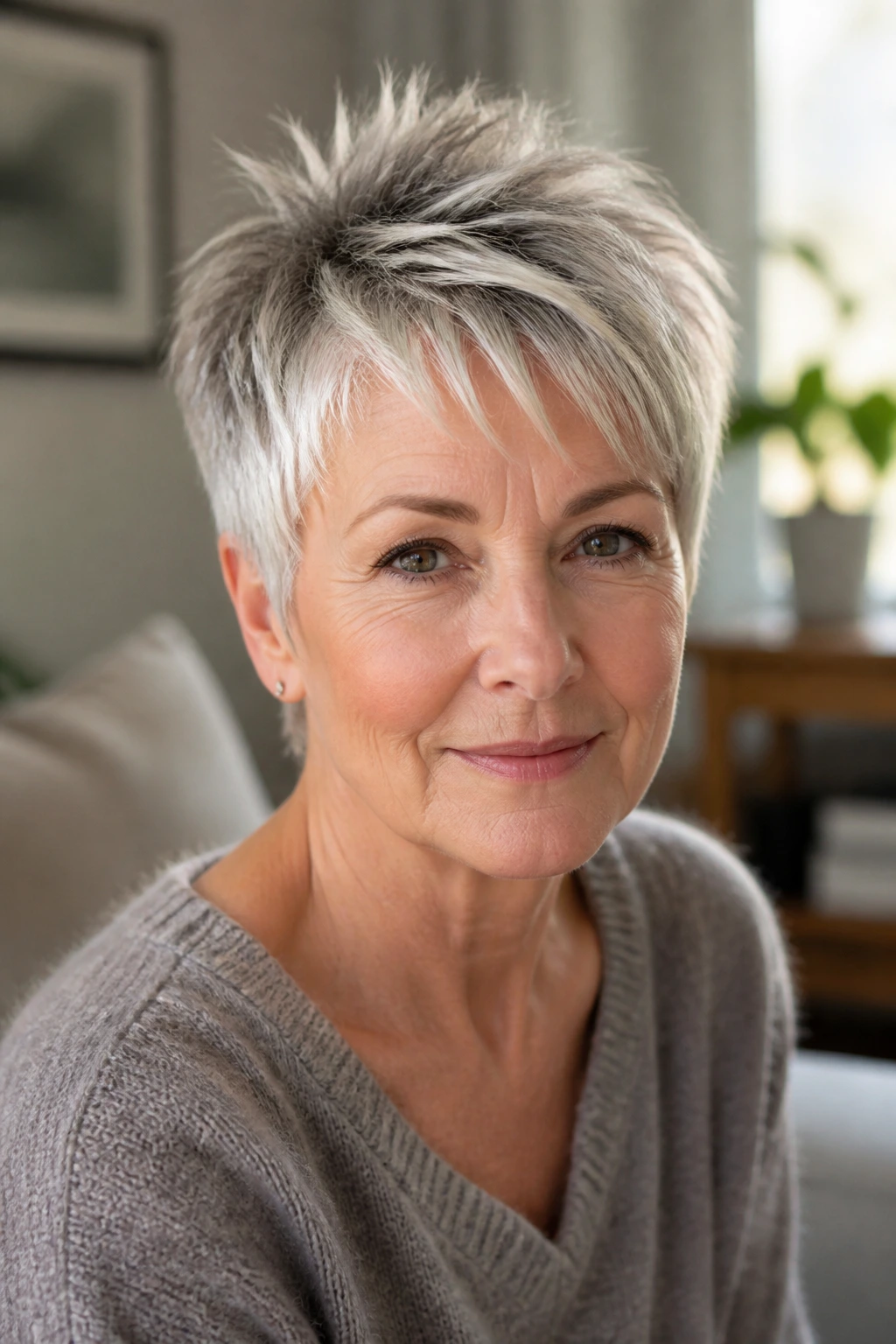 Close-up of a real woman with a textured wash-and-wear choppy pixie in morning light