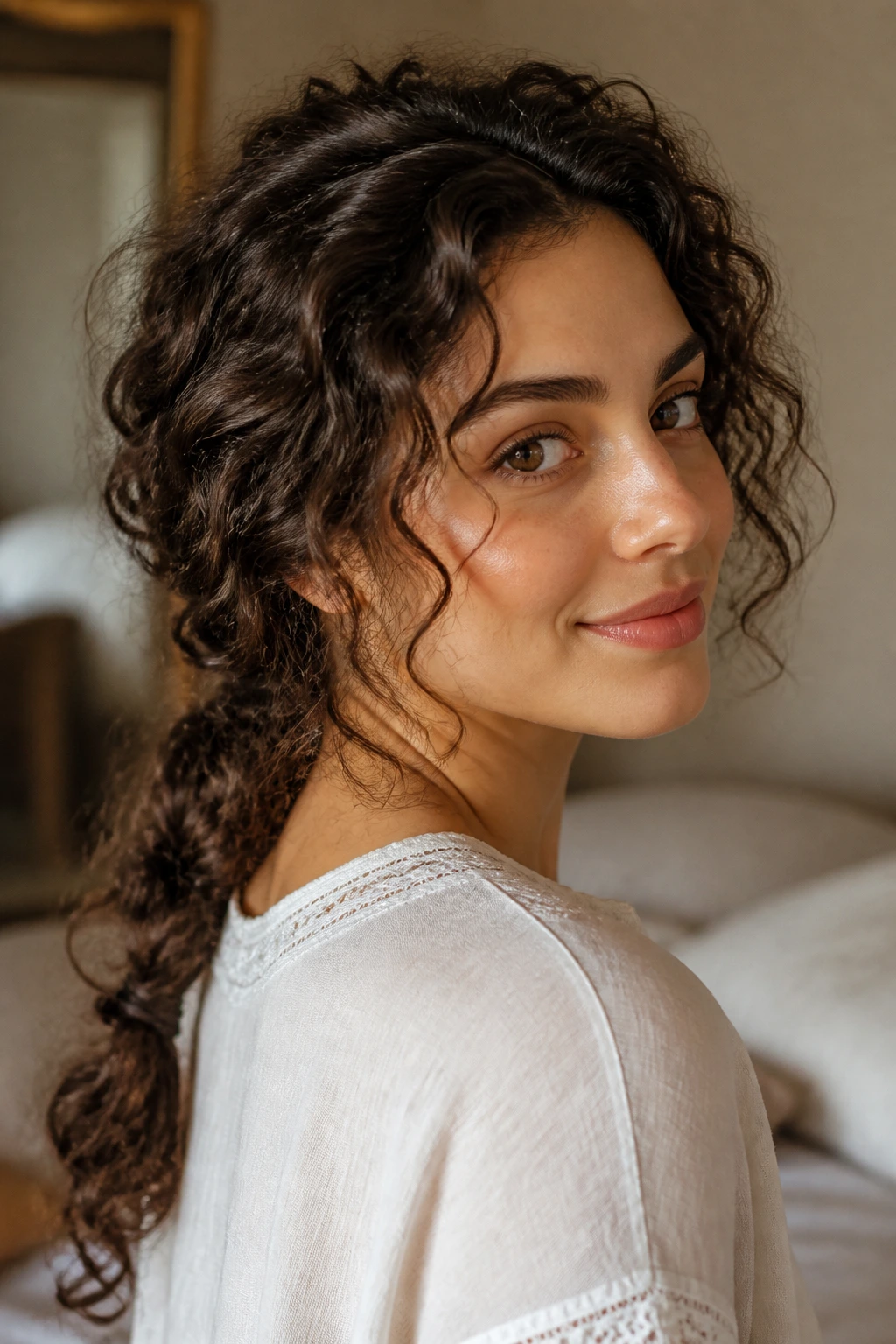 Woman with long curls in a low loose braid at the nape