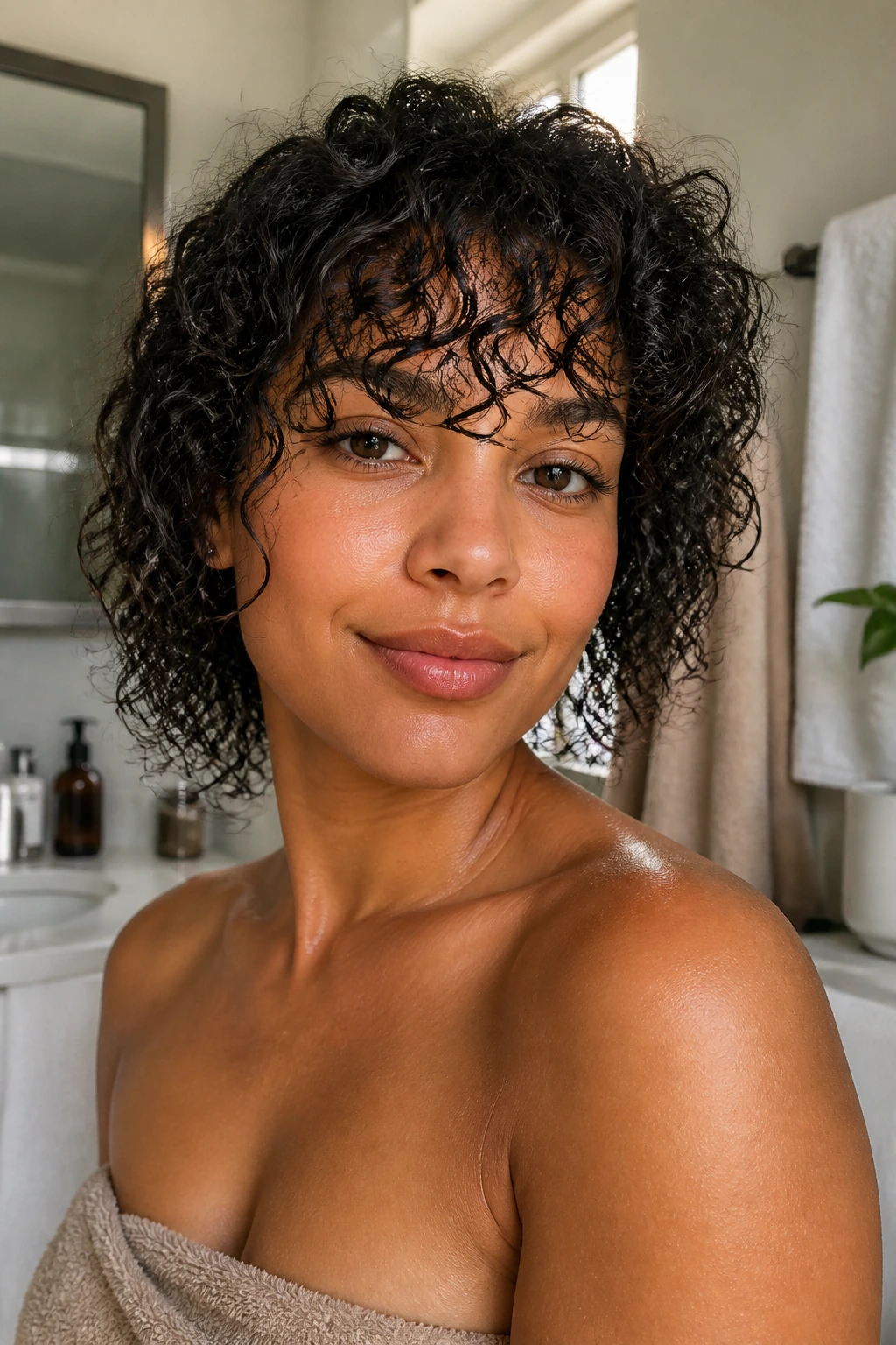 Real person with damp curly bangs on wash day