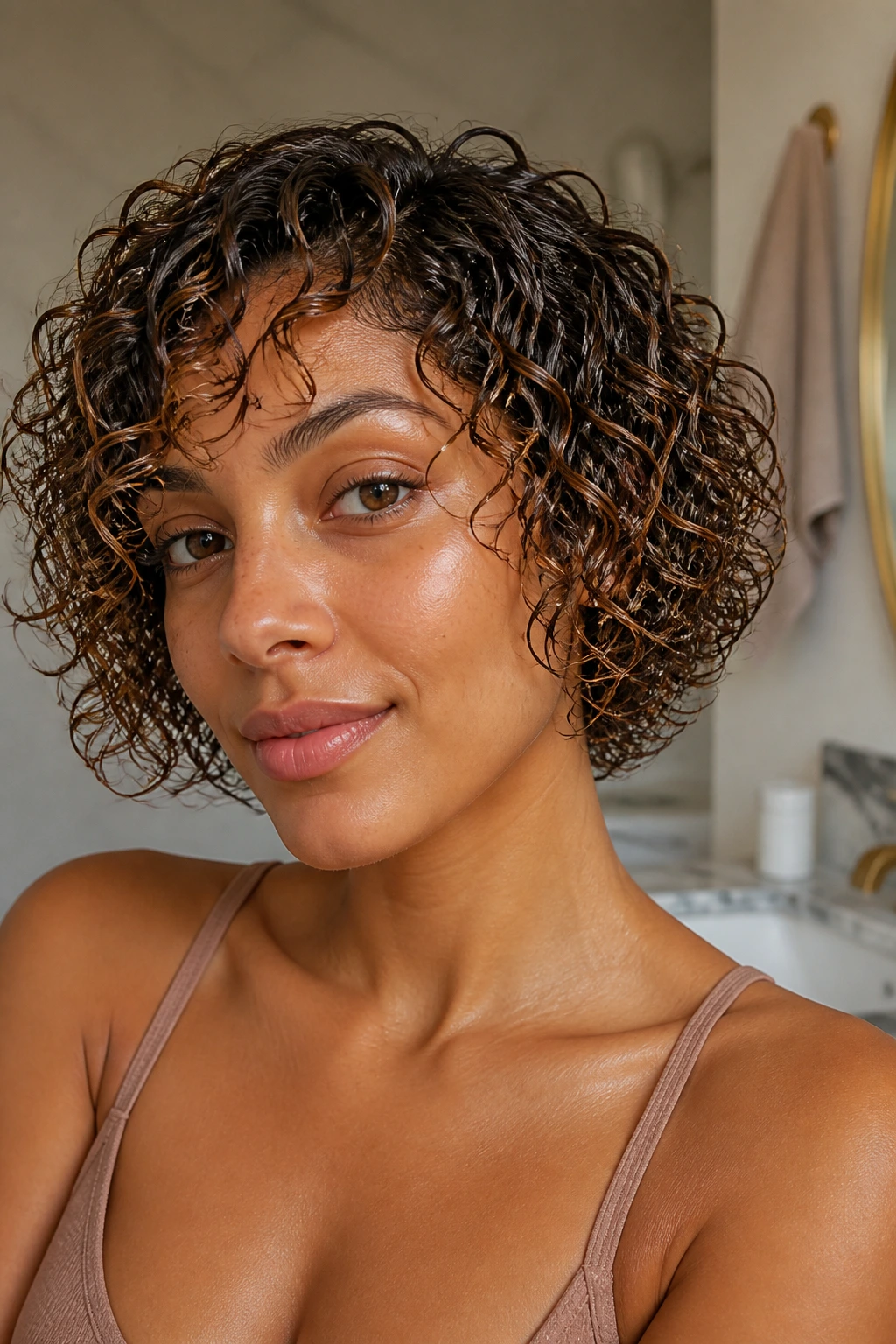 Real woman with a short curly bob and caramel highlights styling hair on wash day in a bathroom.