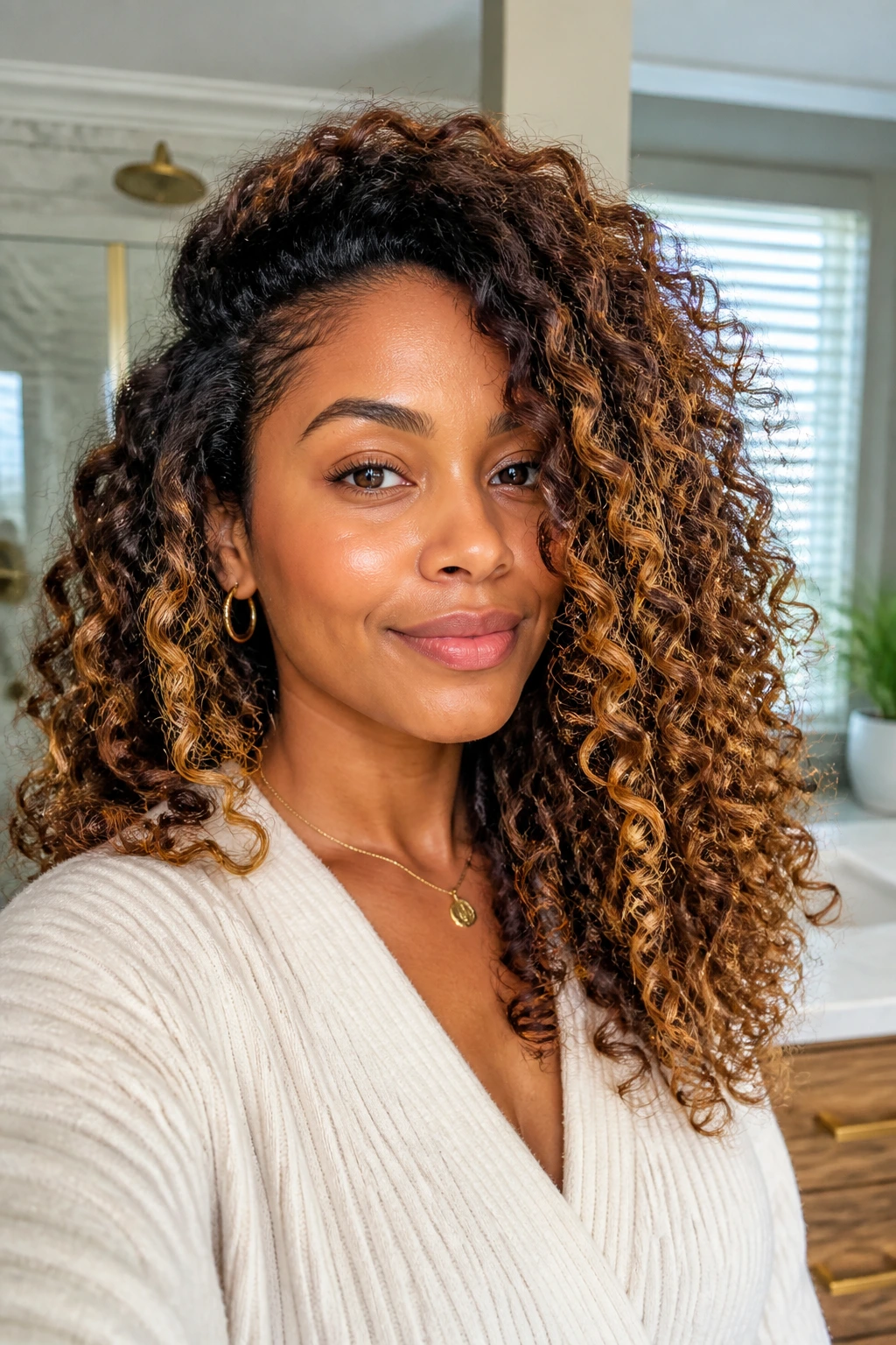 Portrait of a woman with defined wash-day curls and dimensional highlights.