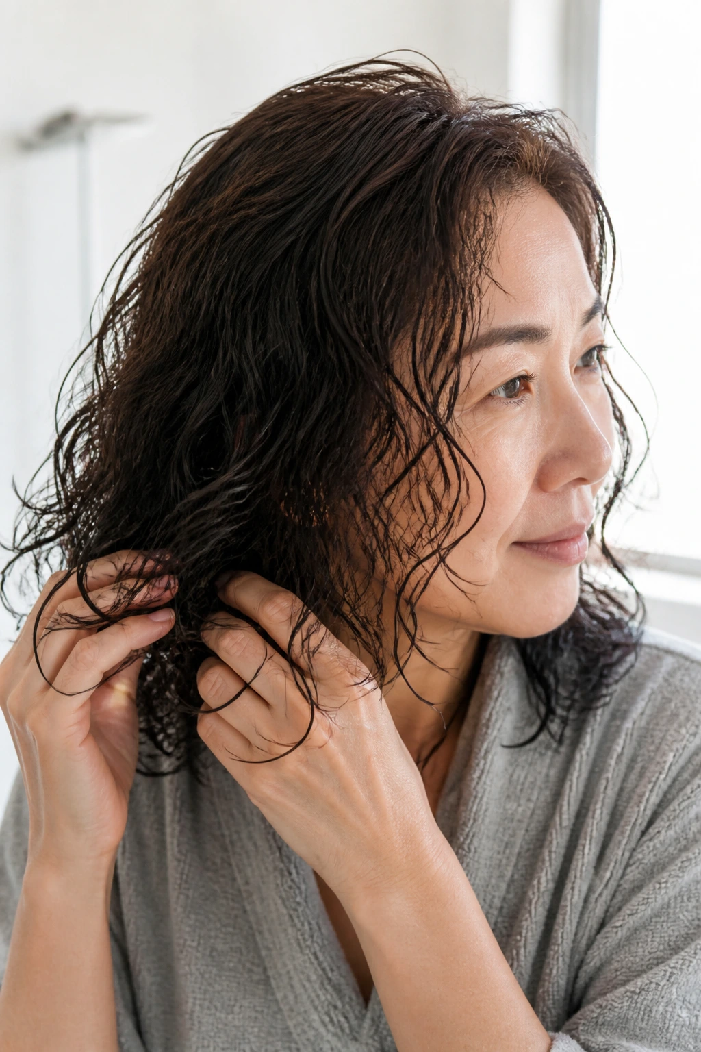 Portrait of a real woman with damp curls and a soft lob in a bathroom setting