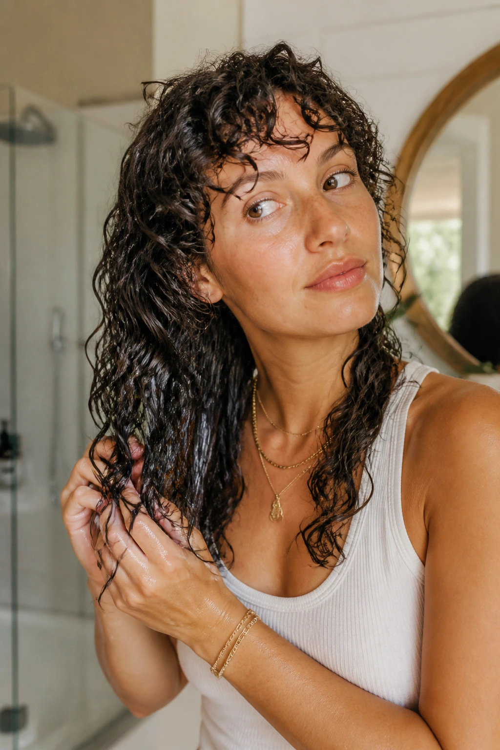 Real woman styling long curly shag with wet curls in a bright bathroom