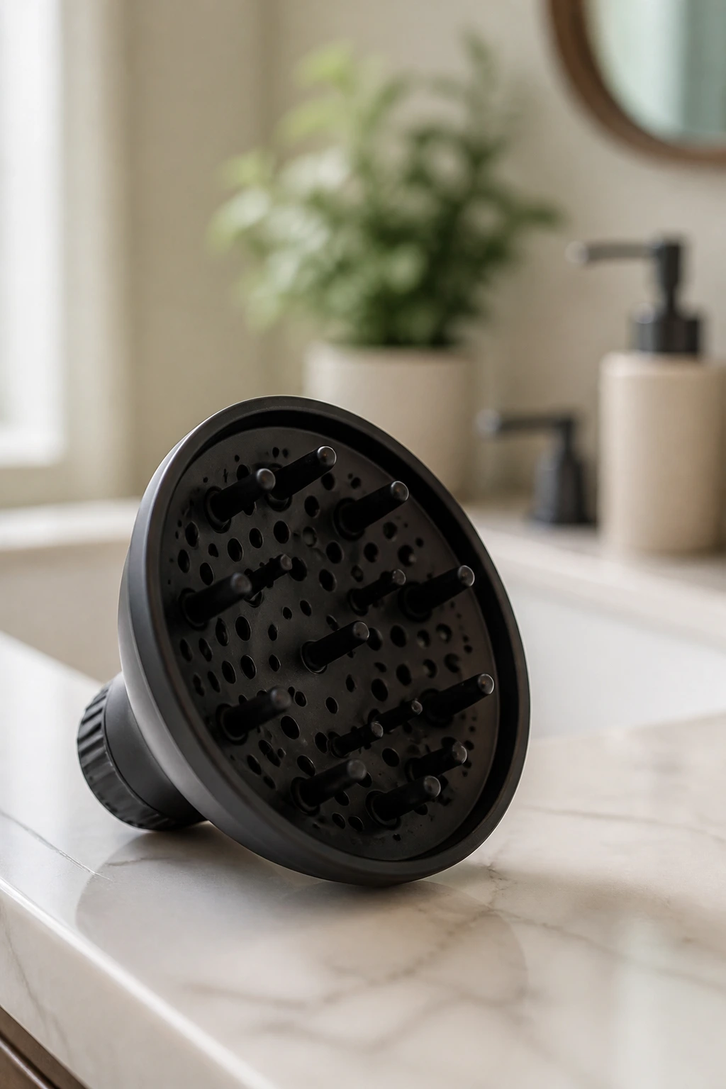 Close-up of a diffuser on a marble bathroom counter for wash day