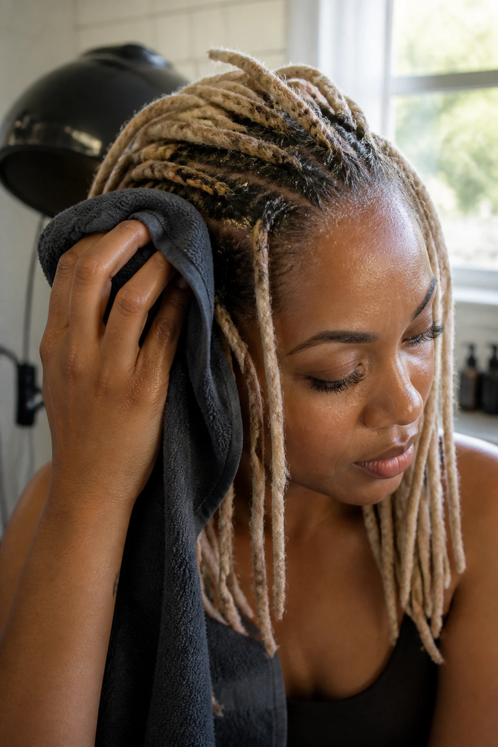 Close-up portrait of a Black woman with blonde locs during wash-day with towel on scalp and hooded dryer in a bathroom