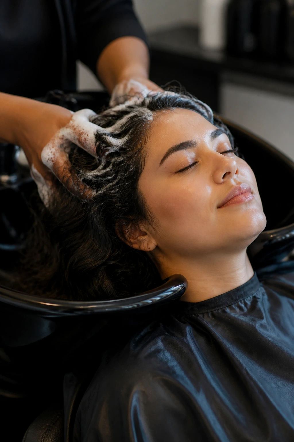 Close-up of shampoo lather on roots during a hair wash at a salon