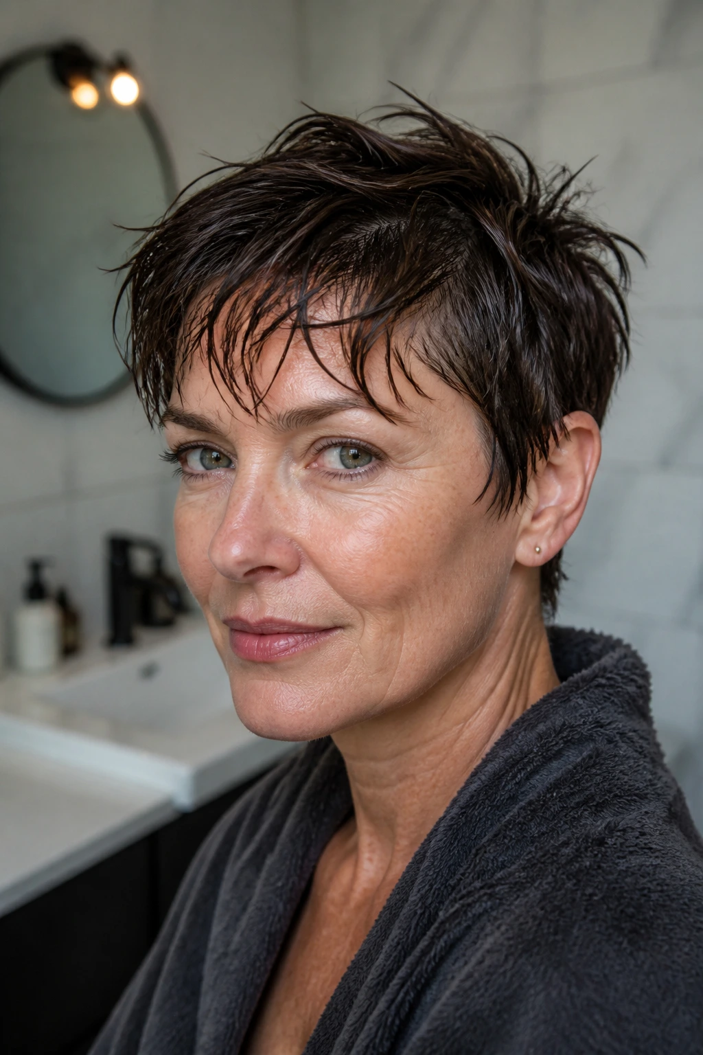 Close-up of a real person with a damp short haircut in a bathroom, illustrating wash-day prep.