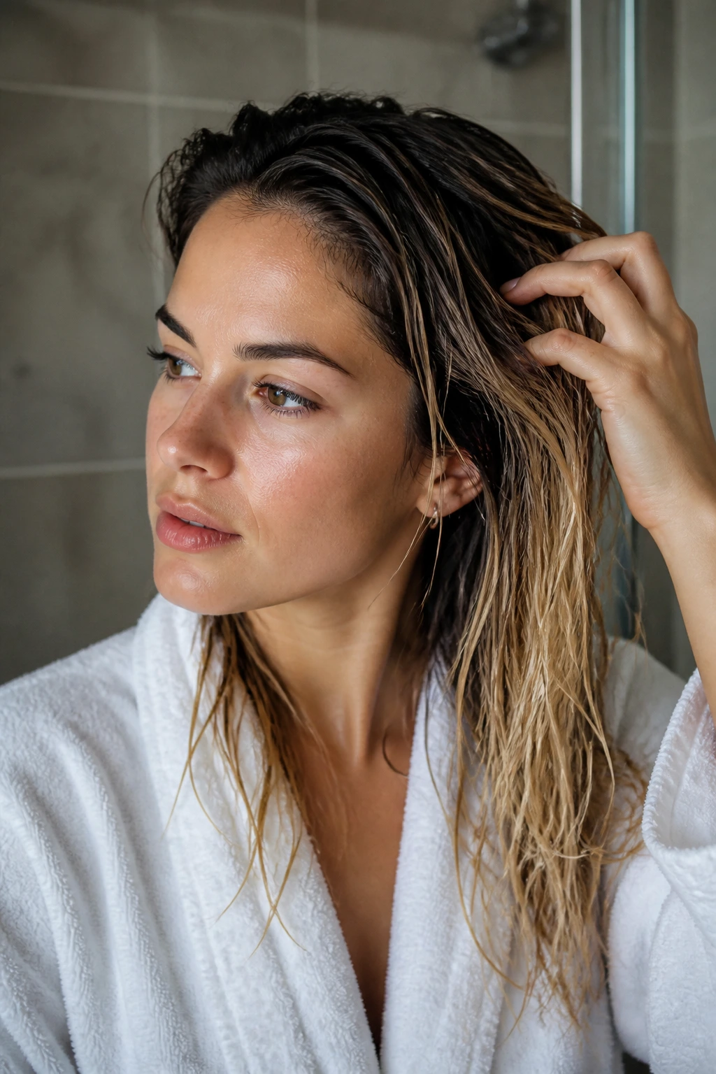 Close-up of a real woman with damp hair in a home bathroom