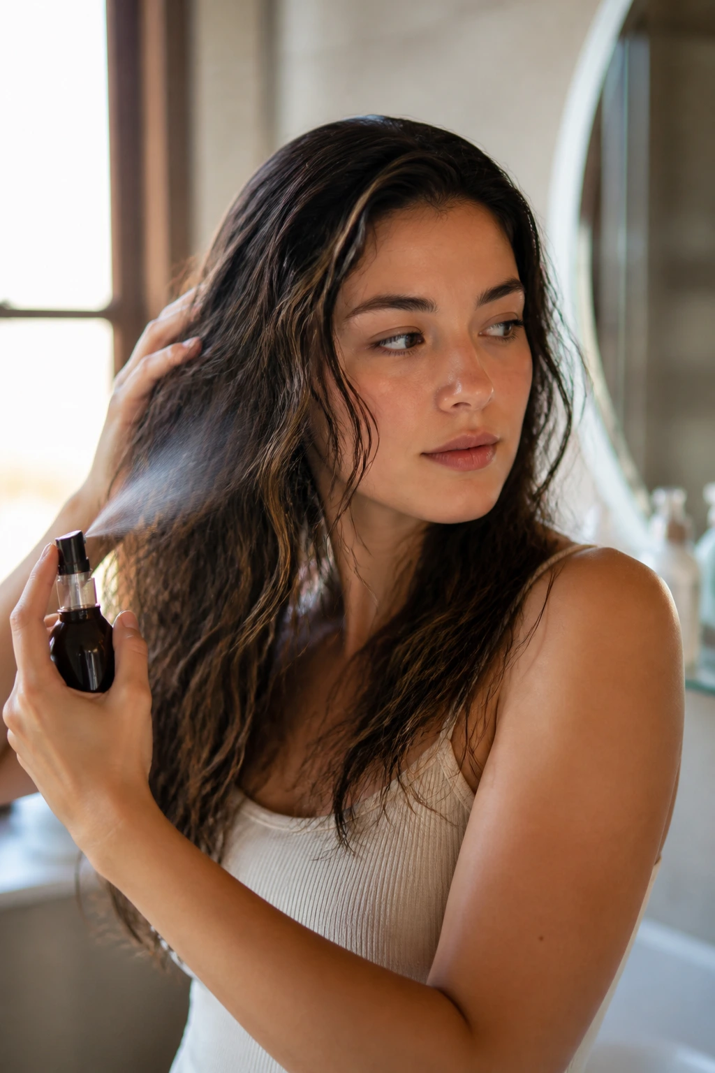 Close-up of a person refreshing wavy hair in a bathroom
