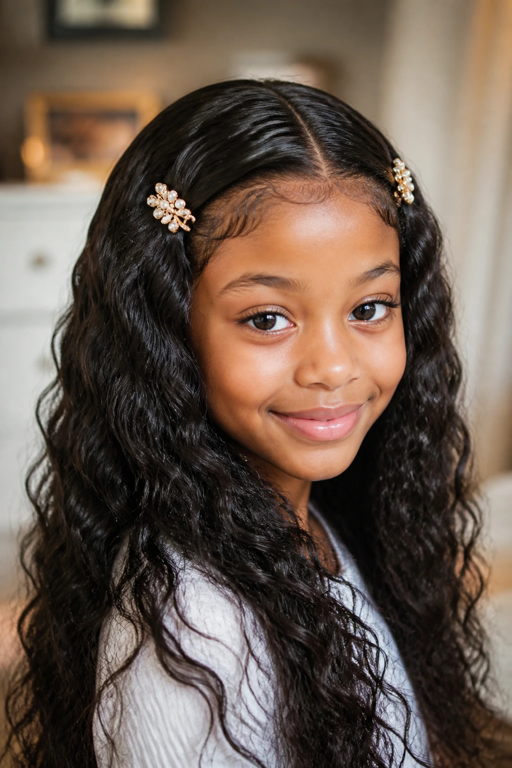 Child with layered water wave hair and two barrettes