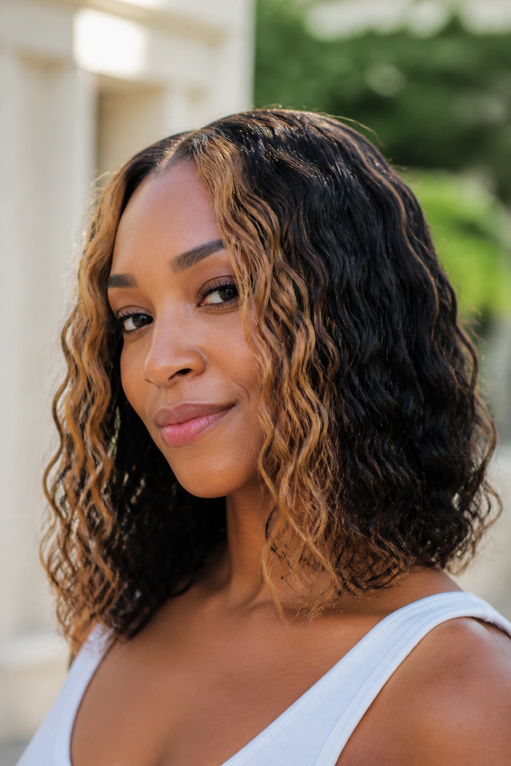 Close-up of boho water wave lob with caramel face framing on a real woman