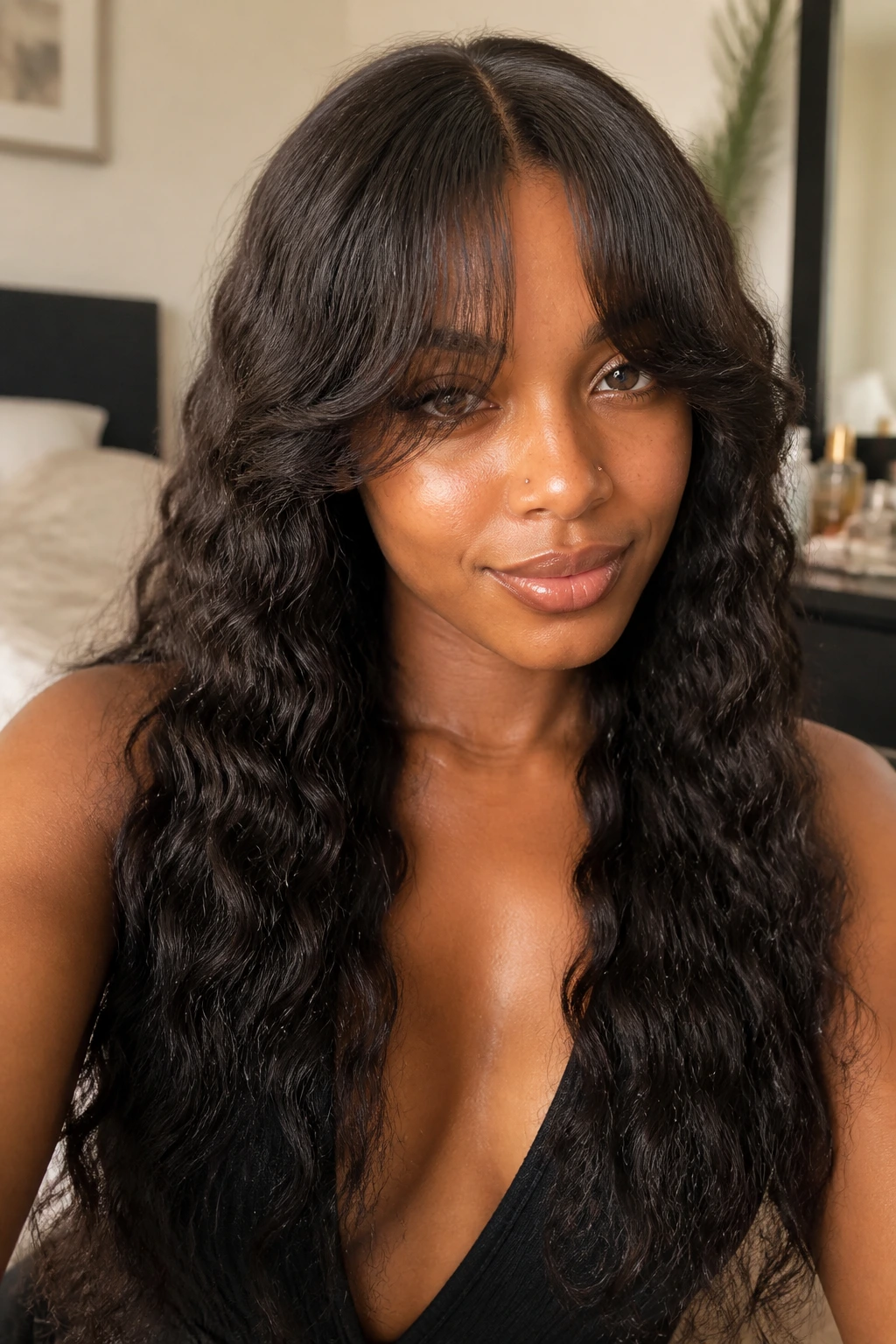 Close-up portrait of a real woman with water wave texture and airy curtain bangs