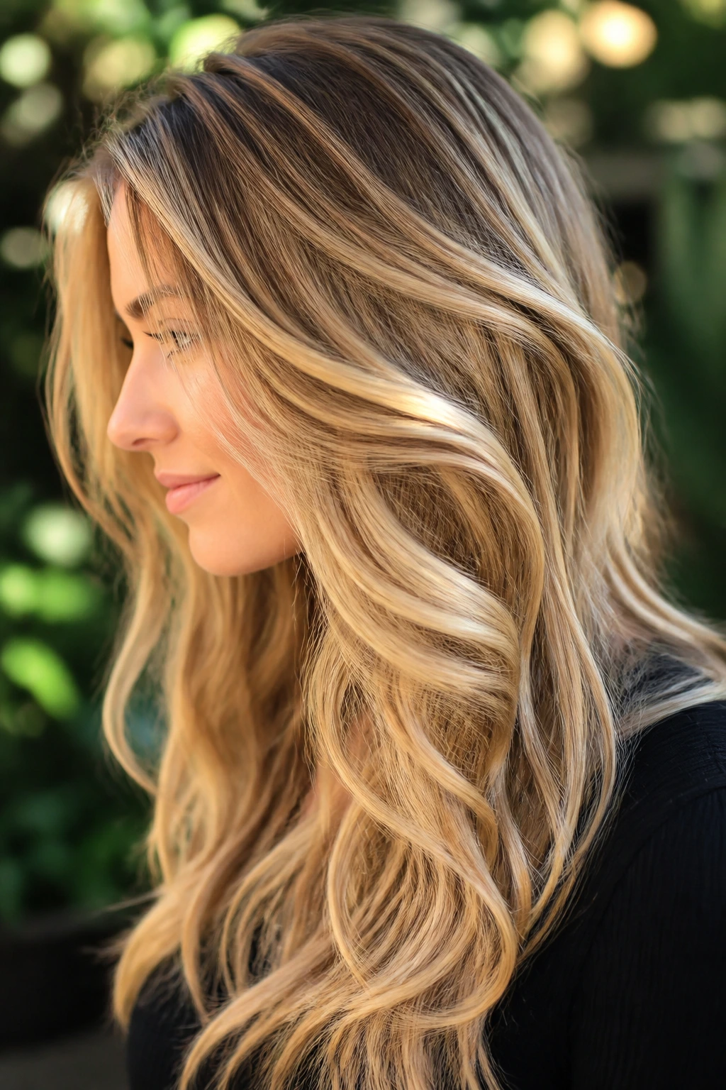 Side-profile of long layered hair with gold ribbon-like balayage waterfall