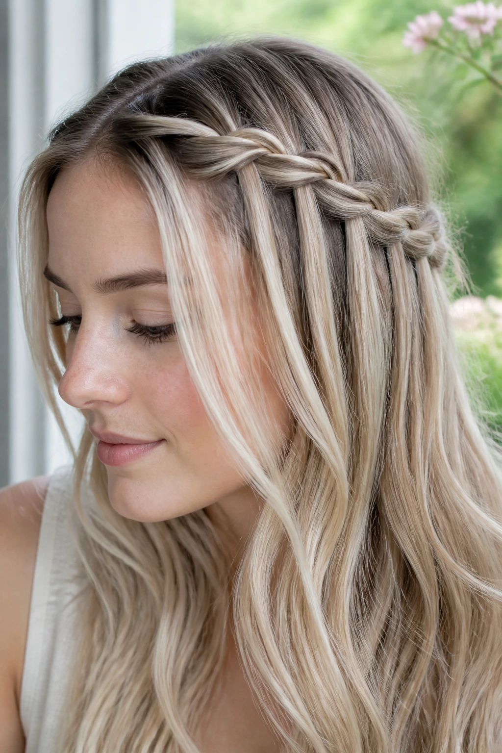 Close-up portrait of a real woman with waterfall braid and ash blonde ribboning.