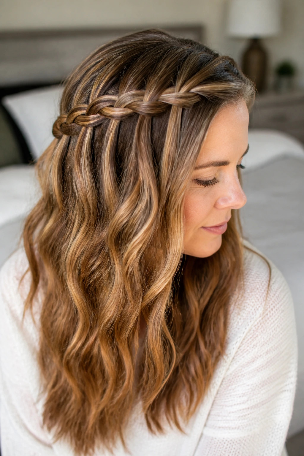 Close-up of a real woman with a waterfall braid and warm balayage caramel gold copper.