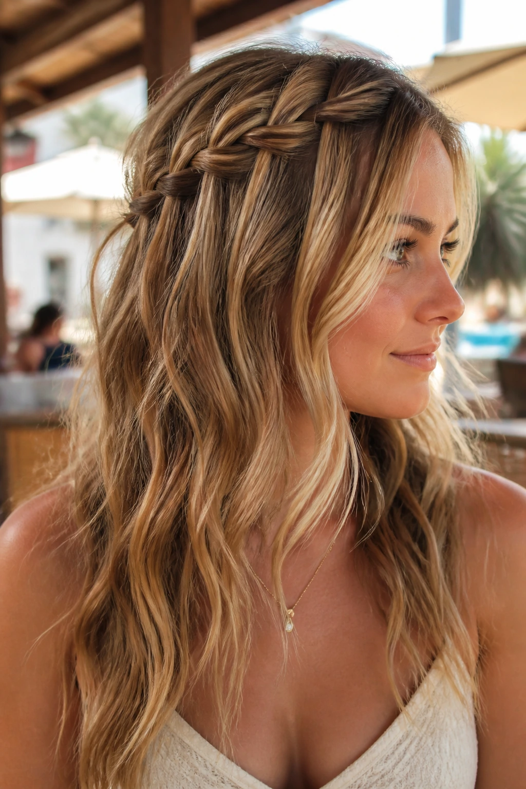 Real woman with a waterfall braid and beachy waves in an outdoor setting