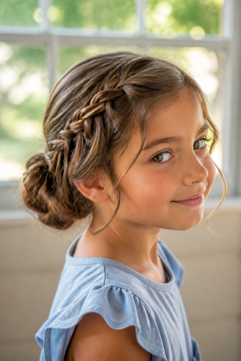 Close-up of a real child with a waterfall accent braid flowing into a low bun