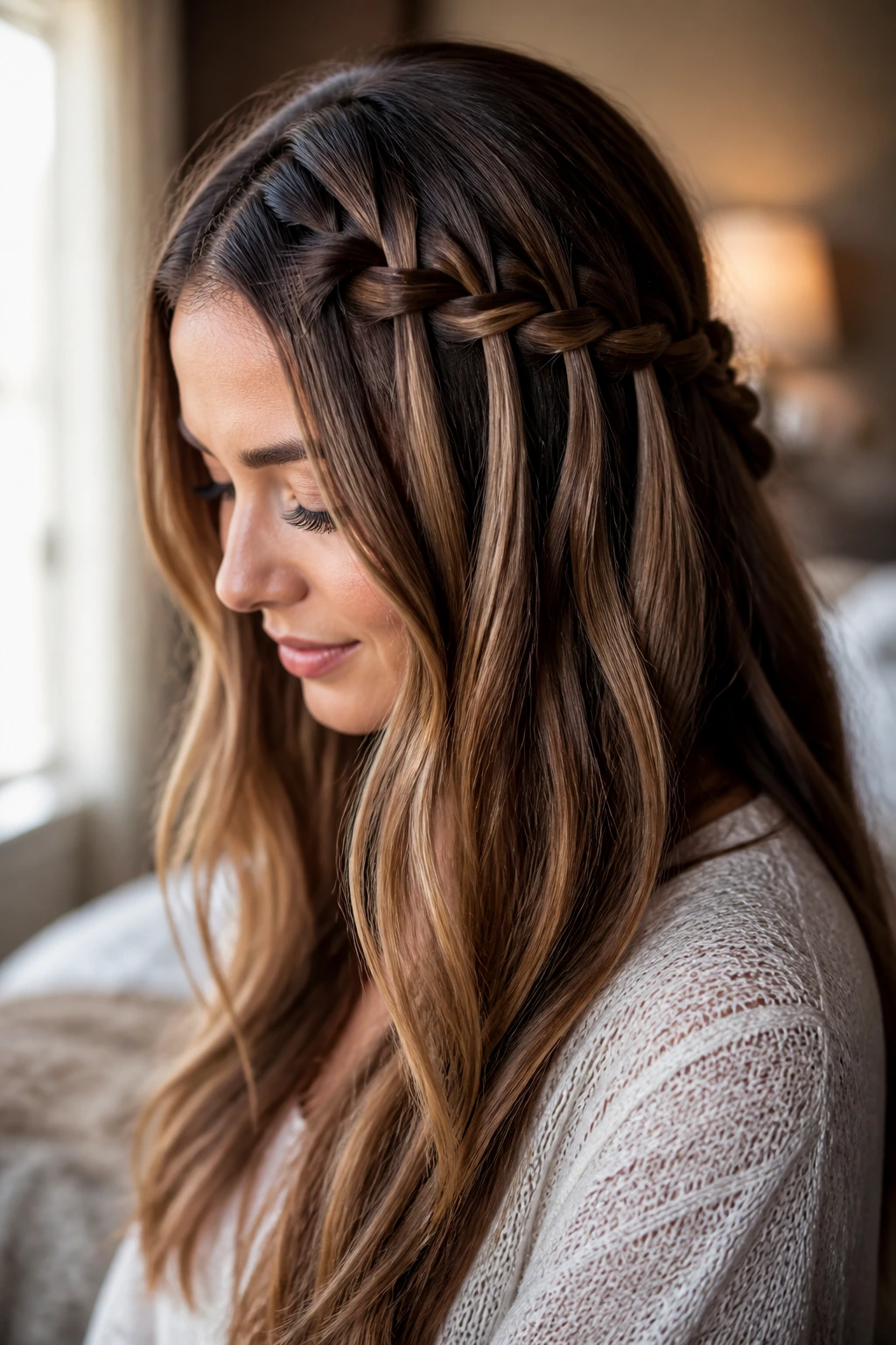 Close-up of a real woman with a waterfall braid and caramel highlights