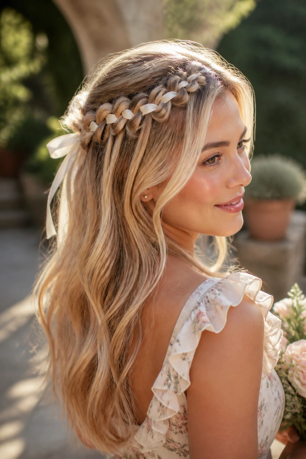 Close-up of a real woman with a waterfall braid and creamy blonde ribbons in warm outdoor light