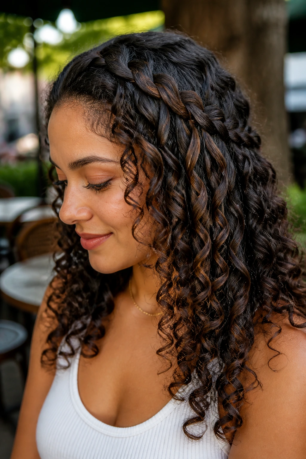 Woman with waterfall braid over defined curls