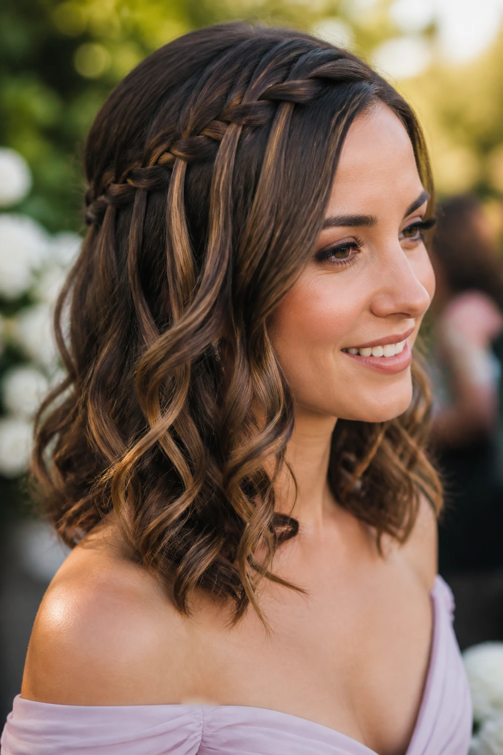 Close-up of Waterfall Braid Into Loose Curls on shoulder-length hair