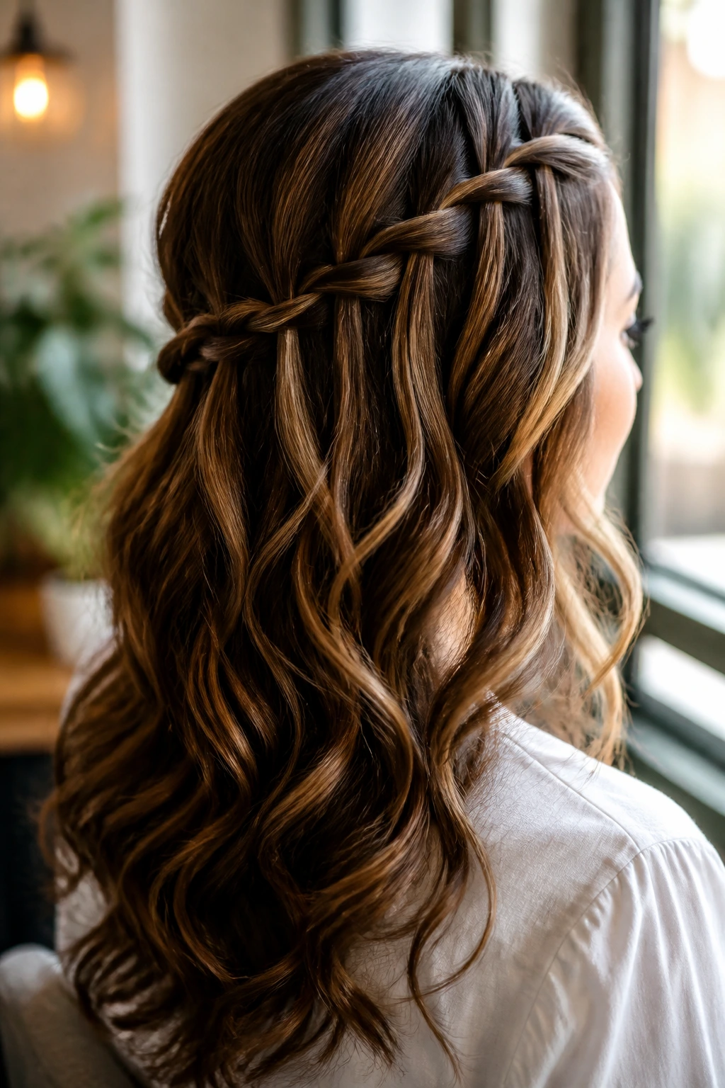 Close-up of a real woman with a waterfall braid over soft curls