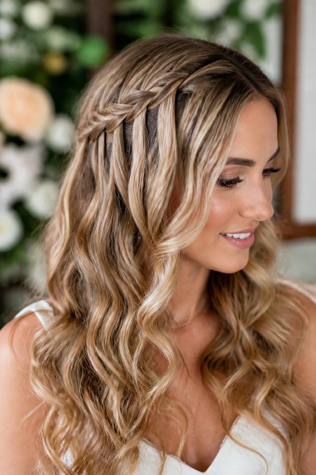 Close-up of a real woman with a waterfall braid over soft curls
