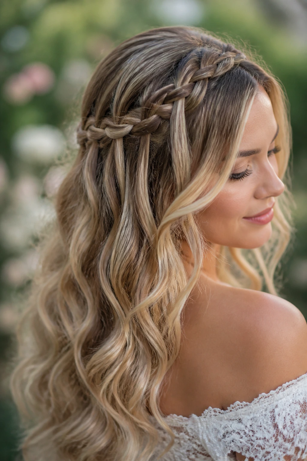 Close-up of a bride with a waterfall braid and loose curls.