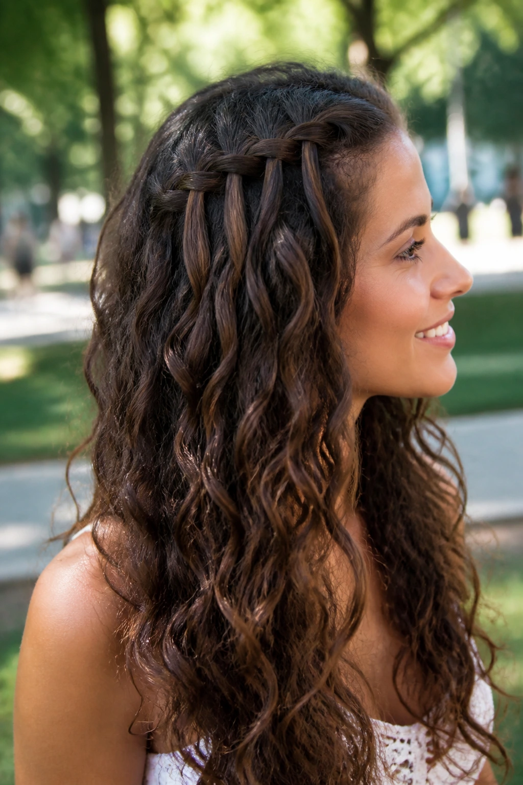 Side portrait of a person with a waterfall braid on curly hair.