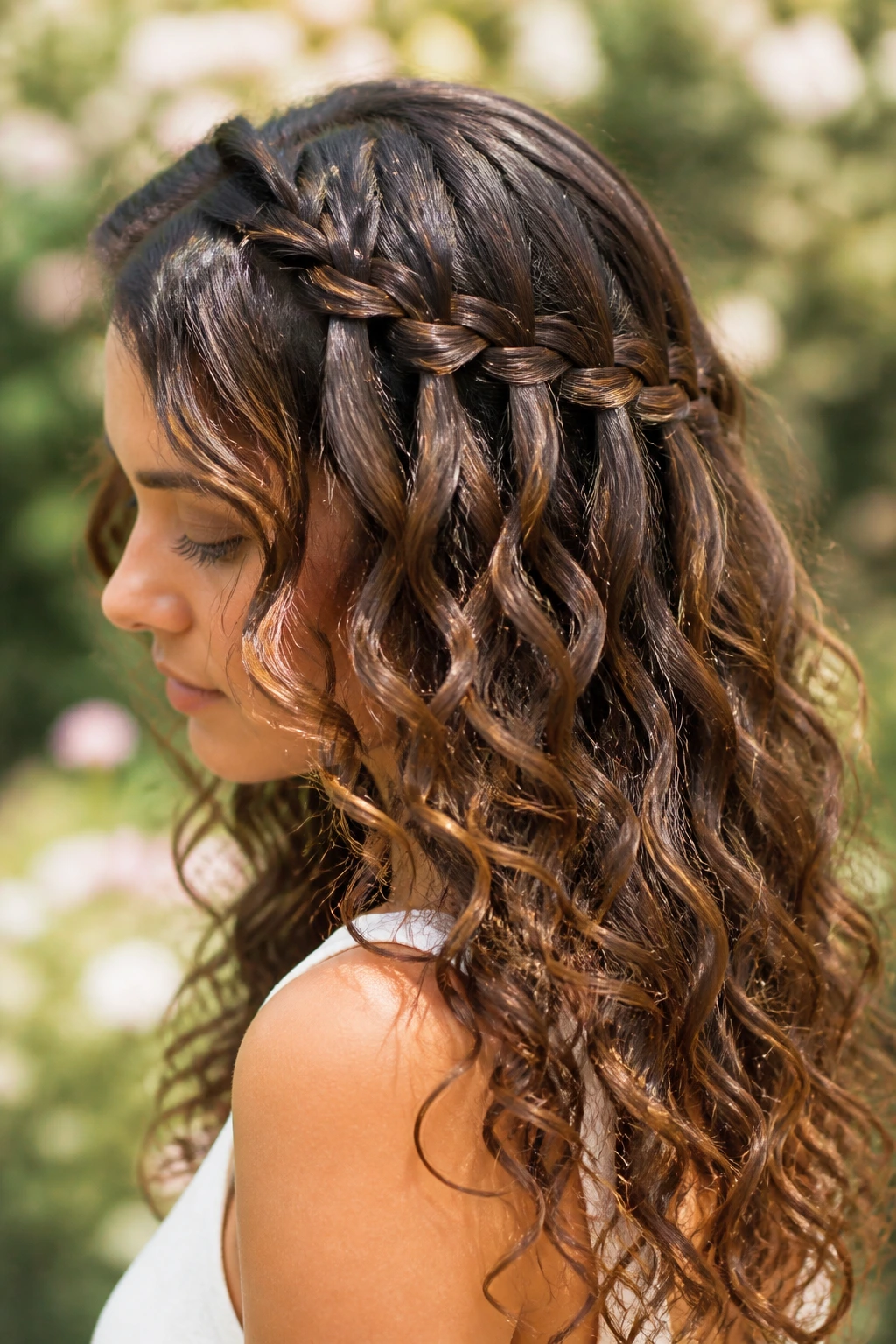 Real woman with waterfall braid and flowing curls in an outdoor garden