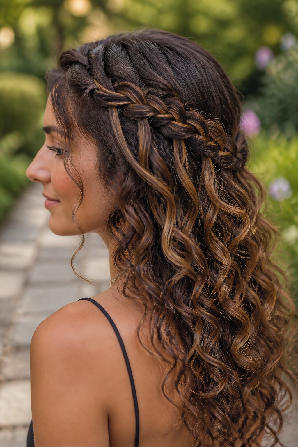 Portrait of a woman showing a waterfall braid into curly cascade outdoors.