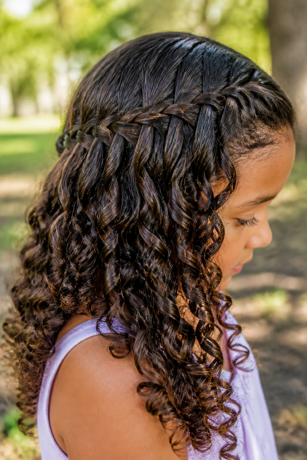 Side view of a girl with a waterfall braid on curly hair