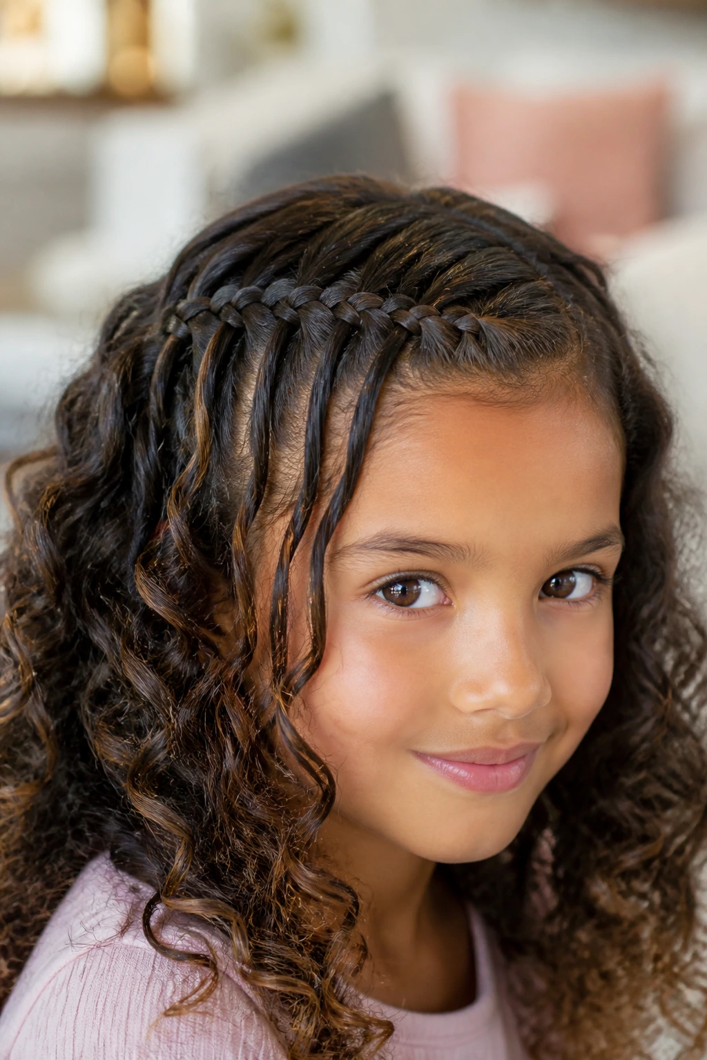 Close-up of a child wearing a waterfall accent braid at the front.