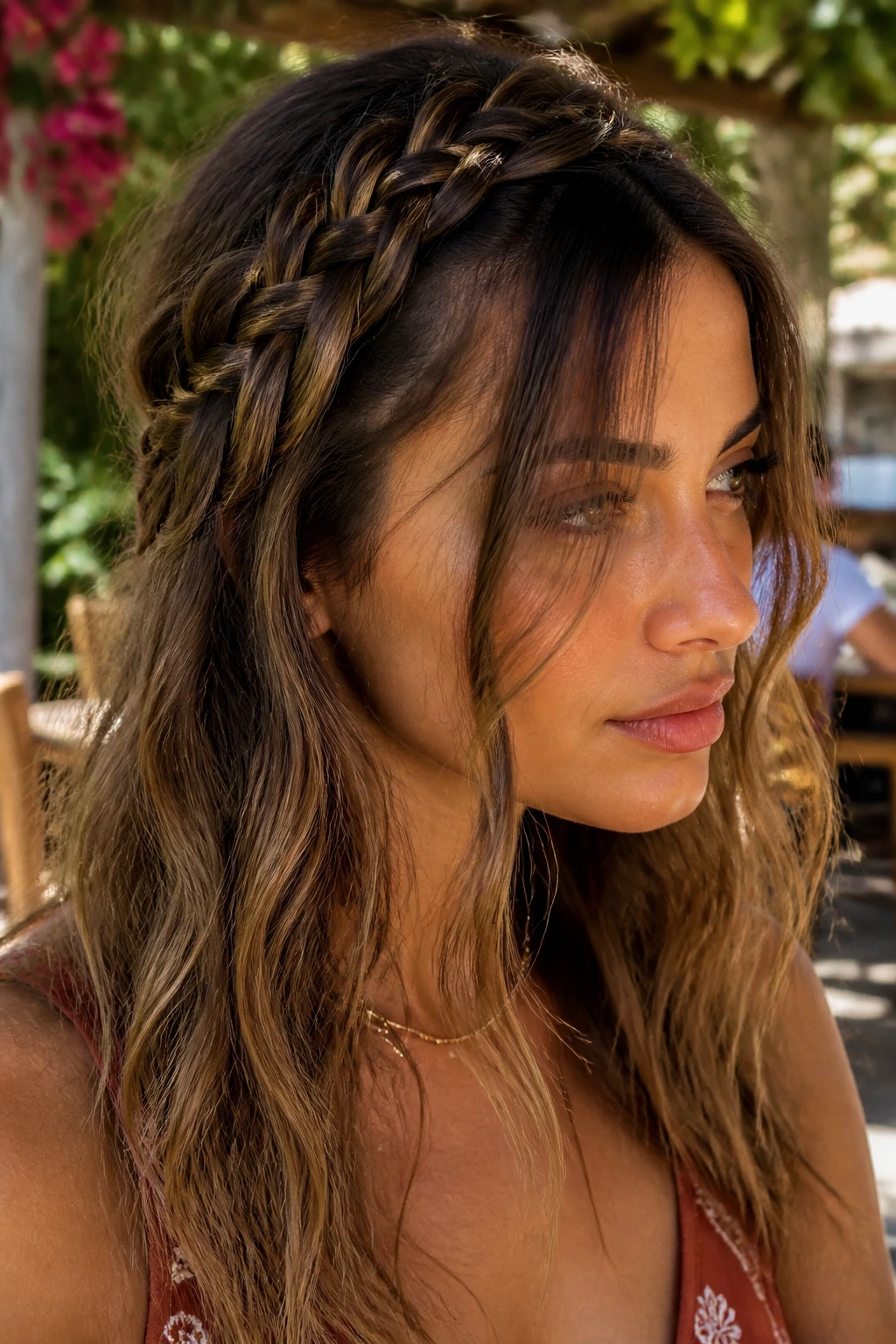 Close-up of waterfall braid with curtain pieces on a real woman