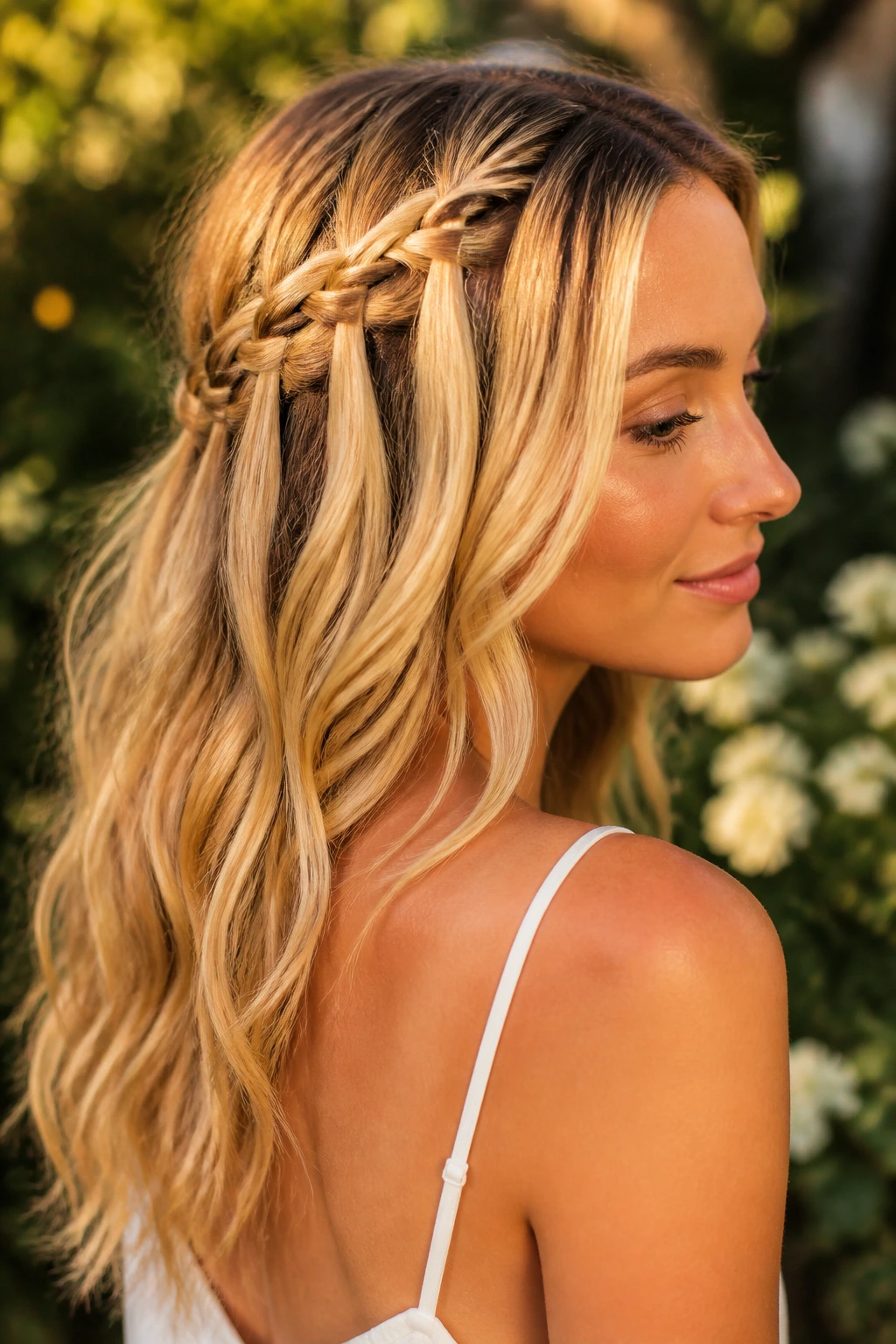 Close-up of a real woman's waterfall braid with golden highlights in sunlight