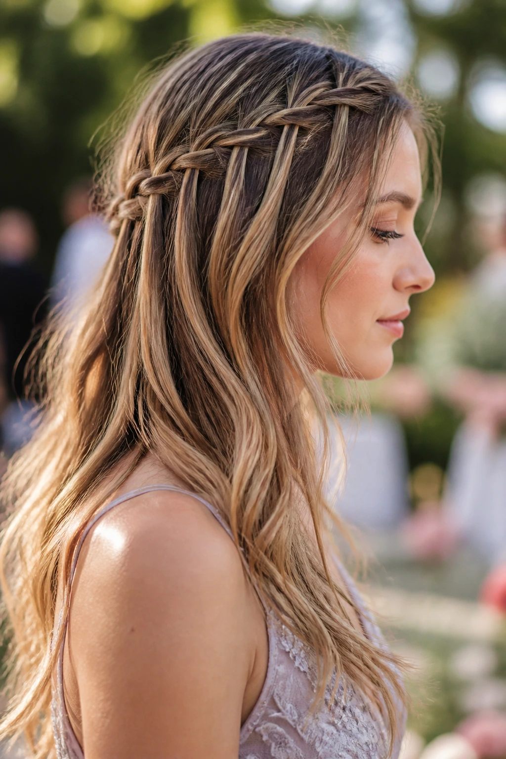Side-profile of waterfall braid with loose length on a real woman in garden lighting