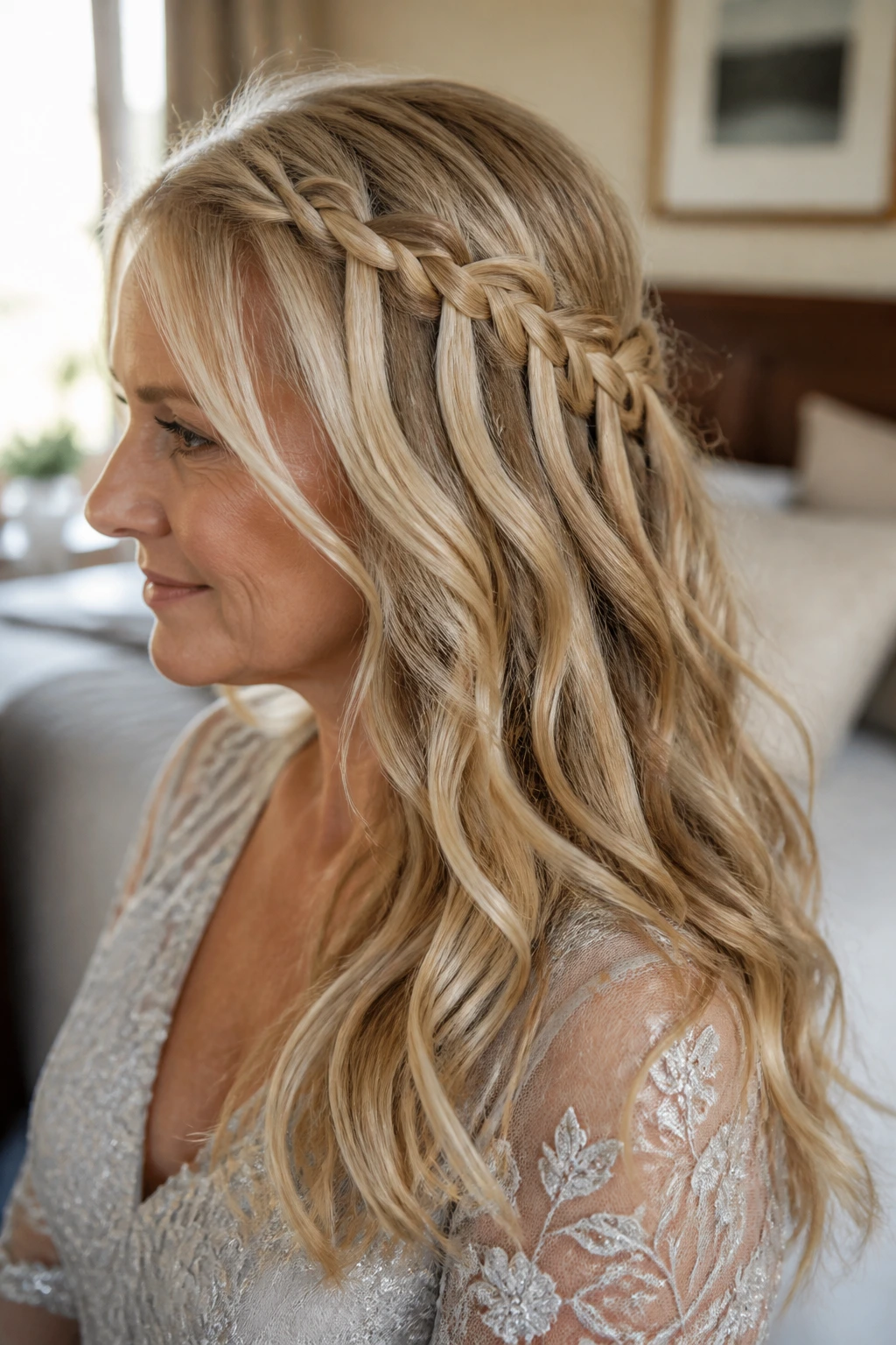 Close-up of a real woman with a waterfall braid half-up hairstyle