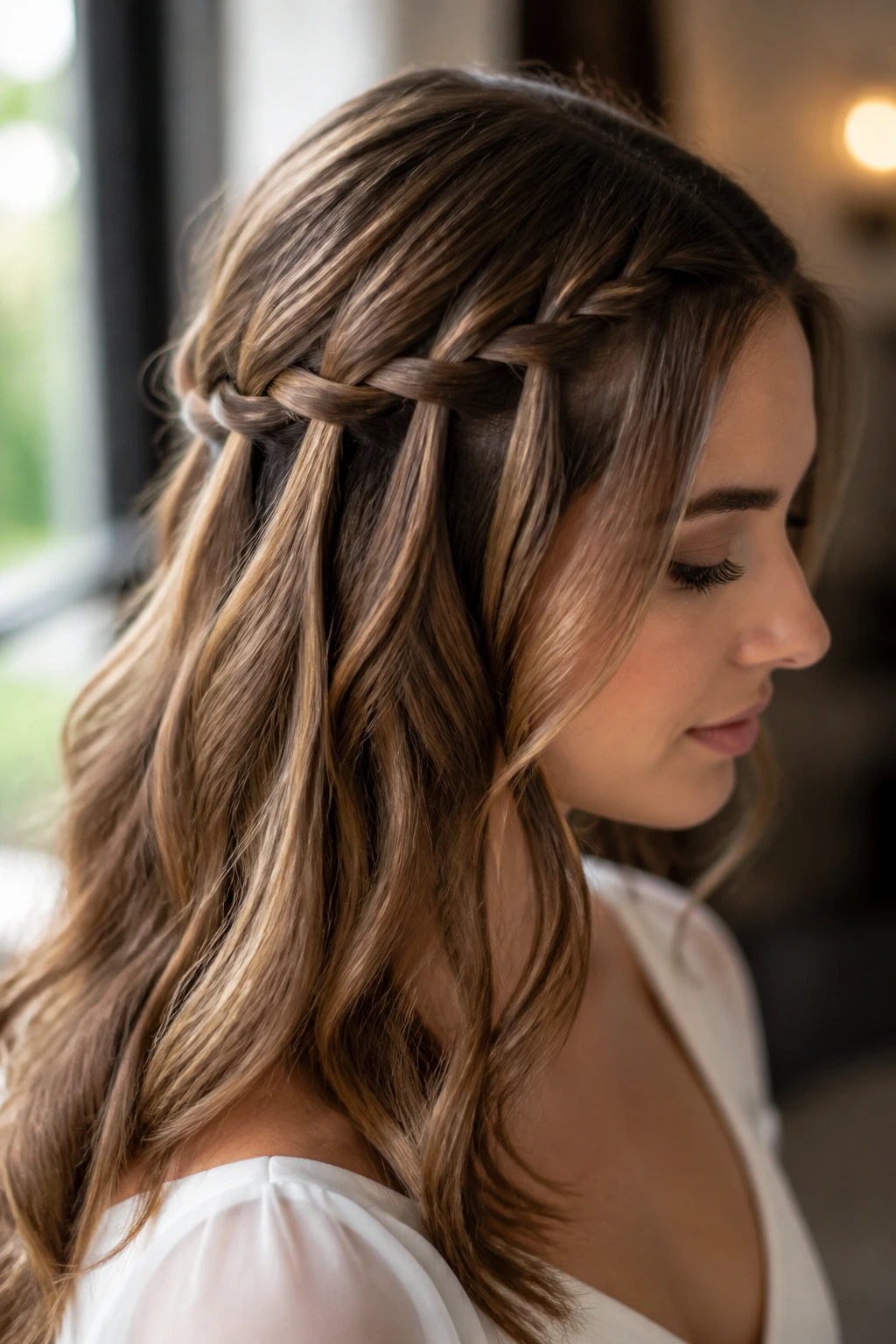 Portrait of a real woman with a waterfall braid half-up and soft waves