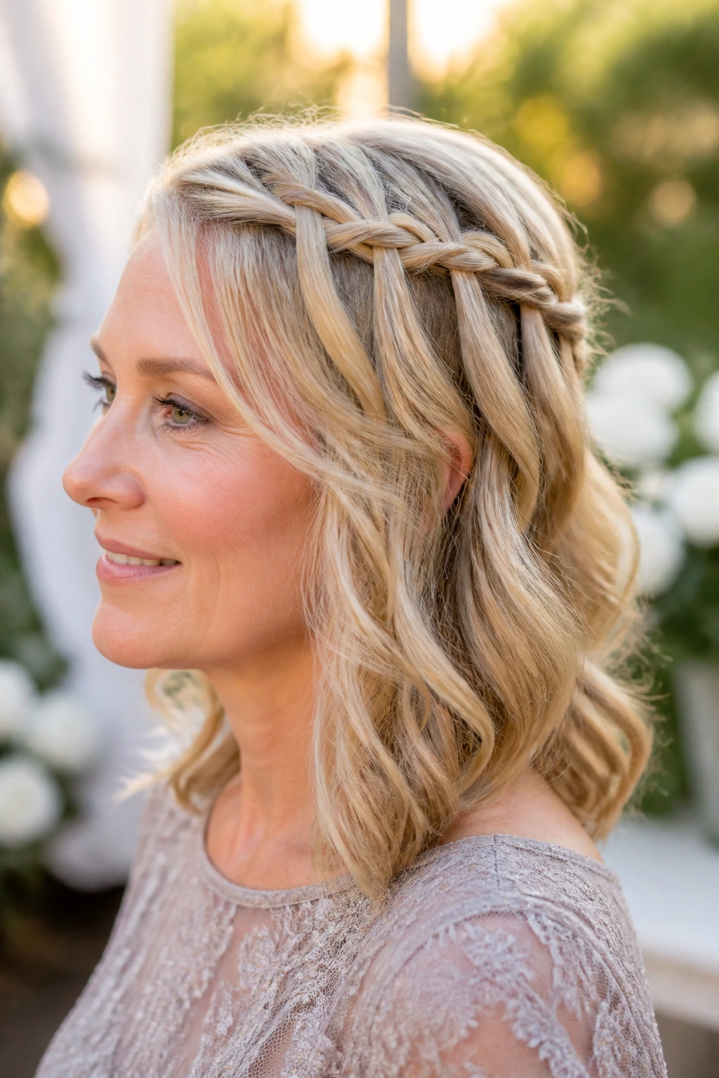 Close-up of a woman with a waterfall braid half-up in golden hour light
